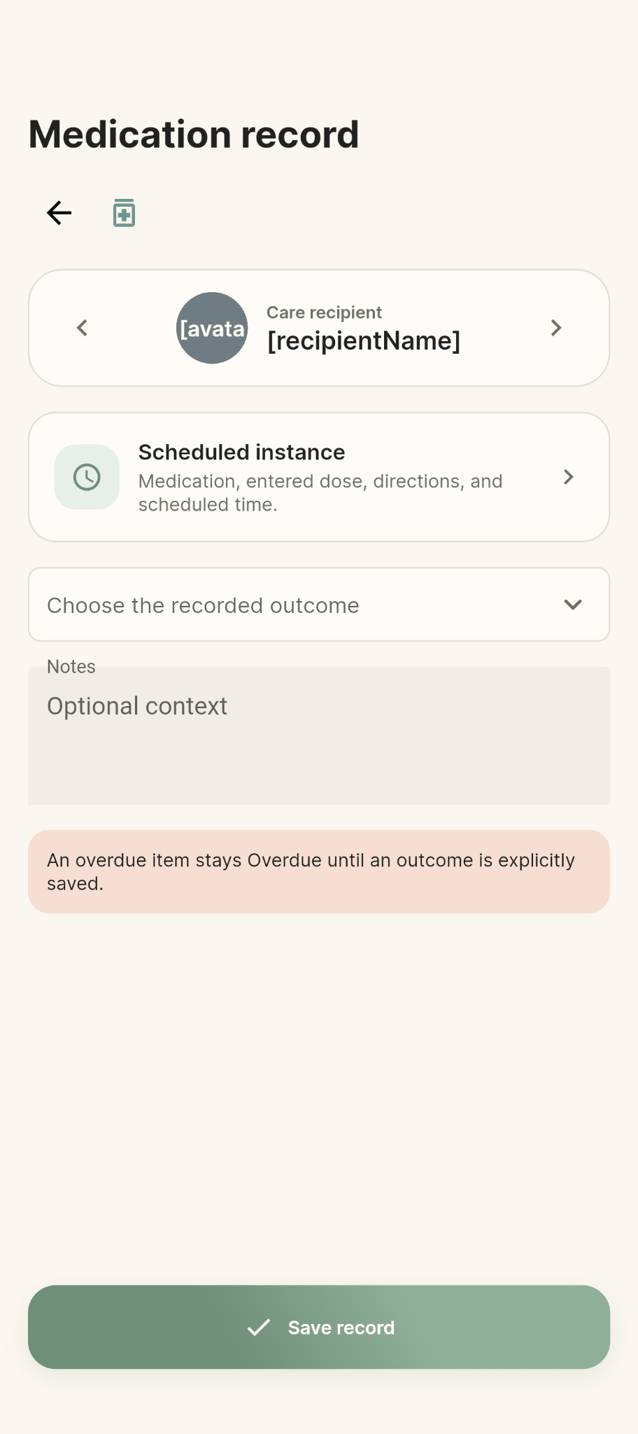 KinNotice medication record screen