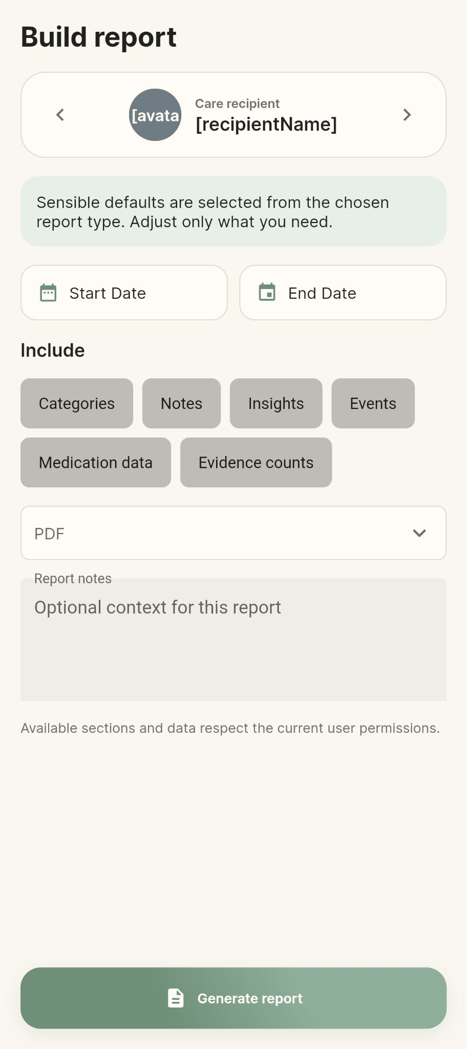 KinNotice report builder screen
